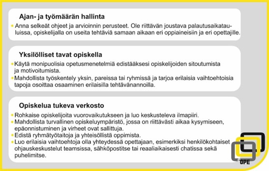 Vuorovaikutteinen ja osallistava etäopetus tukee opiskelijan psykososiaalista hyvinvointia (Lähde: eOPE-hanke)